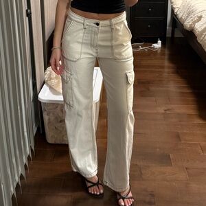 Bershka Cream Denim Cargo Pants